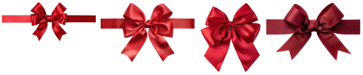 Elegant red satin bows in different styles on a black background creating a luxurious, festive, and charming atmosphere suitable for holiday decorations or gift wrapping isolated transparent png
