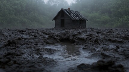 Abandoned lakeside cabin after devastating mudslide disaster