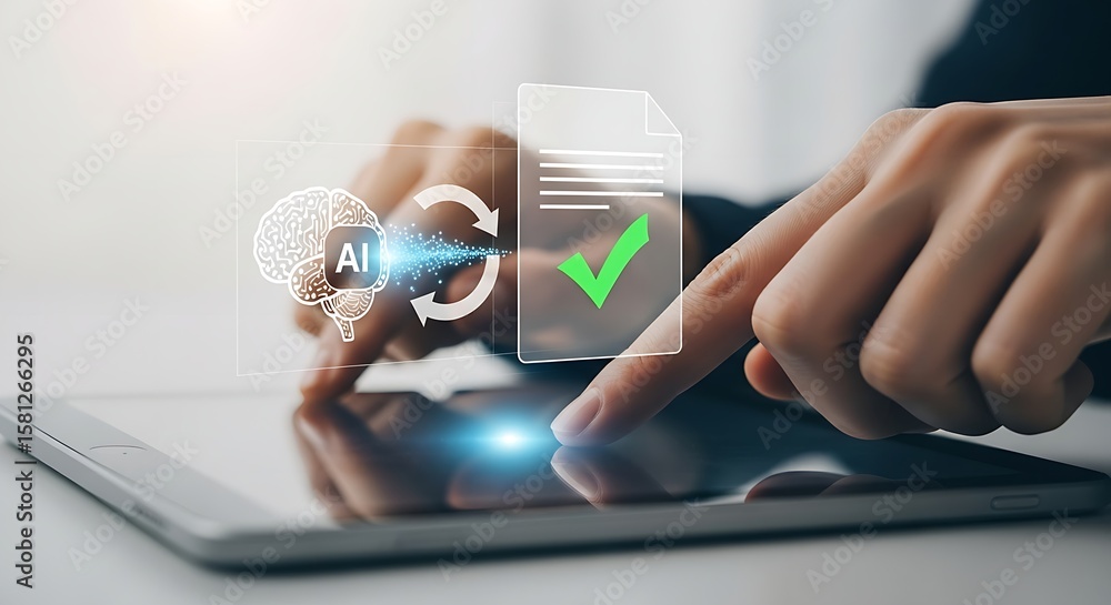 Poster a person using a tablet with ai brain icon and document with checkmark overlaying the screen image