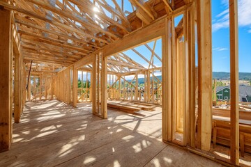 Elaborate View of New Wooden Framing in Home Construction Site