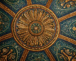 Naklejka premium Intricate gold and teal mosaic ceiling detail. Rich textures and colors create a sense of opulence and artistry.