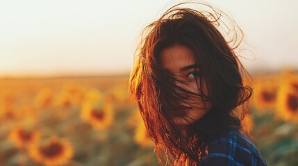 Young woman with hair covering face looks away in a sunlit sunflower field.