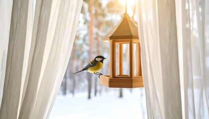 Winter bird at a feeder by a window