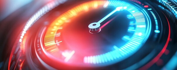 Close-up of a digital speedometer gauge with a glowing needle.