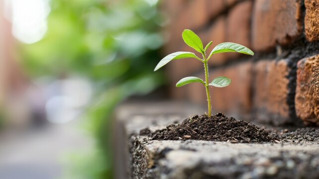 Young green plant grows in soil on a wall ledge next to brick.