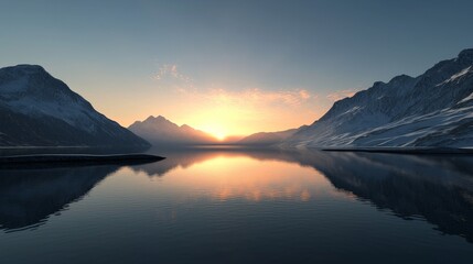 Obraz premium Sun setting over a tranquil lake reflecting snow-capped mountains