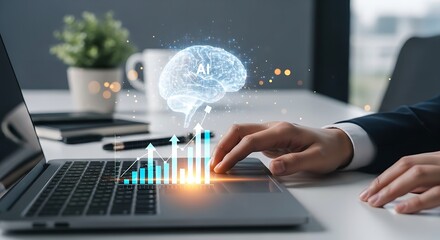 Person using laptop with ai brain graphic and rising bar chart overlay on a white desk surface