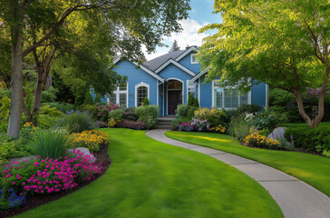Obraz premium A beautiful home with a lush green lawn and trees, showcasing 