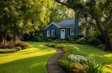 Fototapeta premium A beautiful home with a lush green lawn and trees, showcasing 