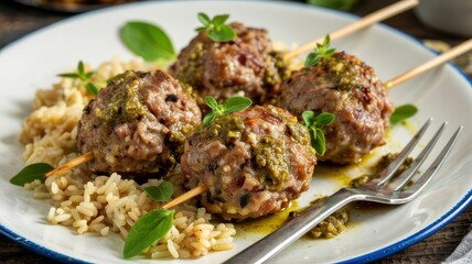 Fototapeta premium A plate of meatballs on skewers. The meatballs are doused with green pesto sauce and seasoned with herbs and spices. The plate is white, and there is a layer of brown rice on the side.