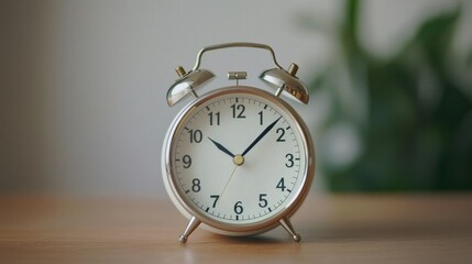 Twin bell alarm clock on wooden table with blurred background