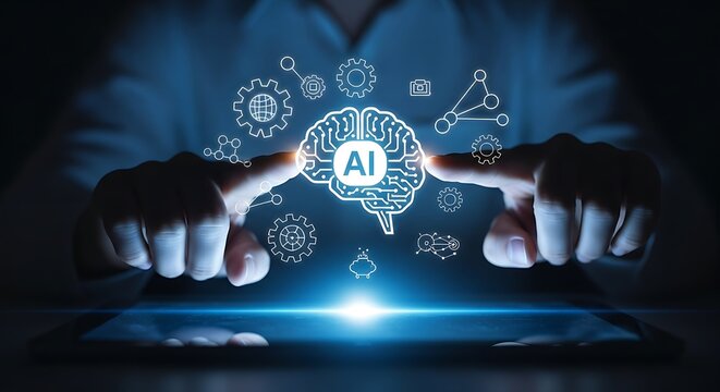 Person holding a tablet displaying a glowing ai brain surrounded by technology related icons - Powered by Adobe