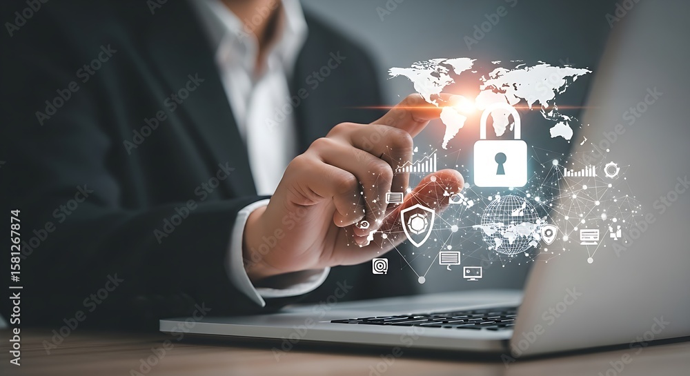 Aufkleber a man touching a digital padlock over a laptop with a global map and security icons around it