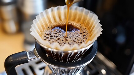 Pour over coffee brewing process in a glass carafe.