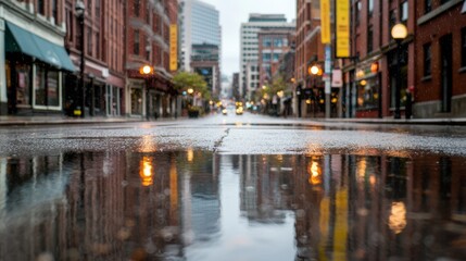Fototapeta premium City street with reflections in puddles on a rainy day.