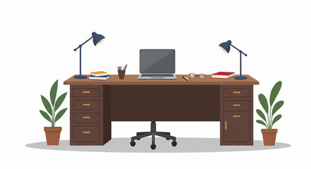Organized Workspace: Desk with Laptop Books Lamps and Plants Illustration.