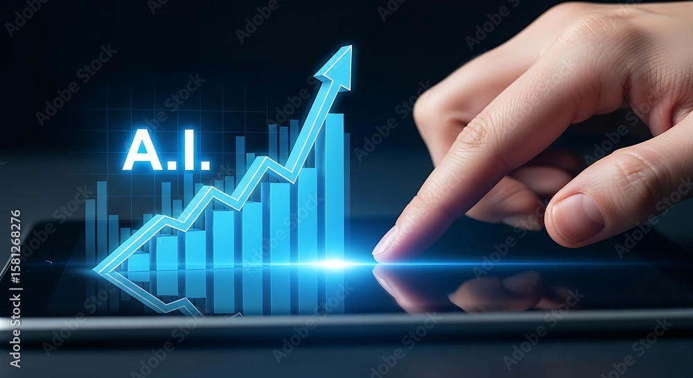 Poster a finger touching a tablet displaying an ai growth chart with an upward trending arrow and bar graph