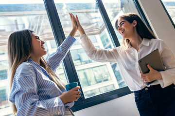 Two pretty young business woman celebrating a success in the office.