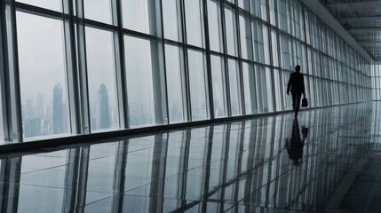 Businessperson walks along a modern building corridor overlooking a city skyline.