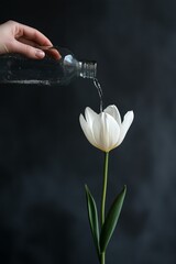A hand pouring water from an bottle into the petals of a single white tulip, against a dark gray background. 