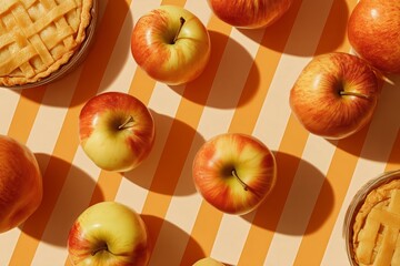 Apples and apple pie on stripped background.