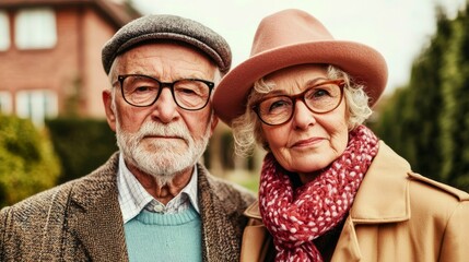 Elderly couple poses outdoors with warm clothing and hats.