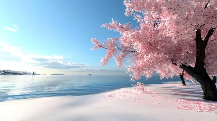 Cherry blossoms bloom by the ocean on a clear day