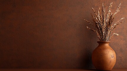 Golden wheat stalks in a terracotta vase against a textured brown wall