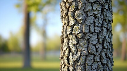 Closeup of rough bark on a tree trunk in a park