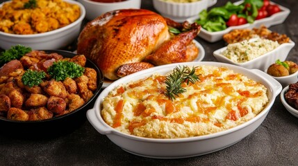Roasted chicken dinner with assorted side dishes.