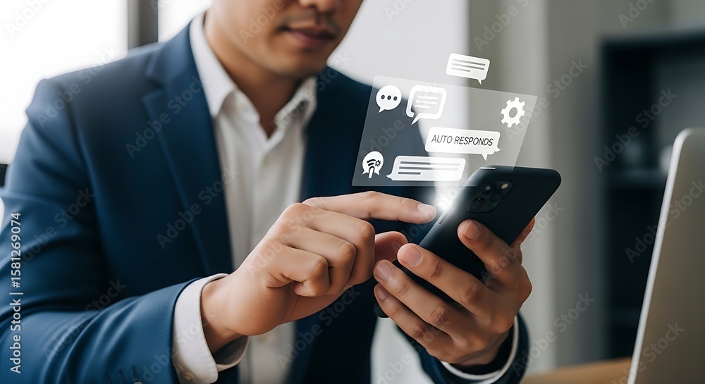 Poster man in suit using smartphone with auto response and chat icons displayed above the device screen