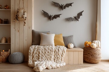 A cozy Halloween-themed interior with bats on the wall, pumpkins, soft pillows, and a chunky knit blanket creating a warm atmosphere.