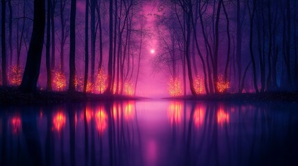 Dark forest with glowing trees and water reflections in purple and pink light