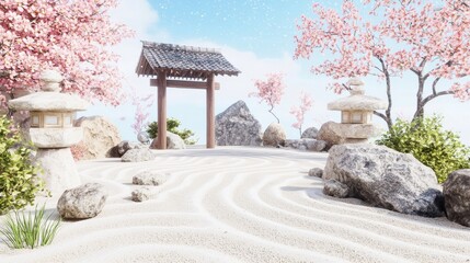 Zen garden with cherry blossoms and stone lanterns