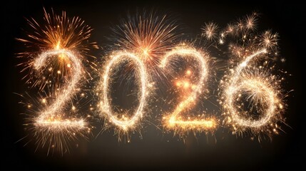 Bright golden sparklers forming number 2026 with fireworks bursting on a dark festive night