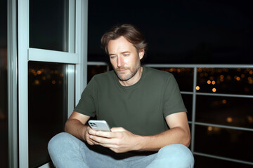 Focused young businessman working late at night in office with laptop and mobile phone