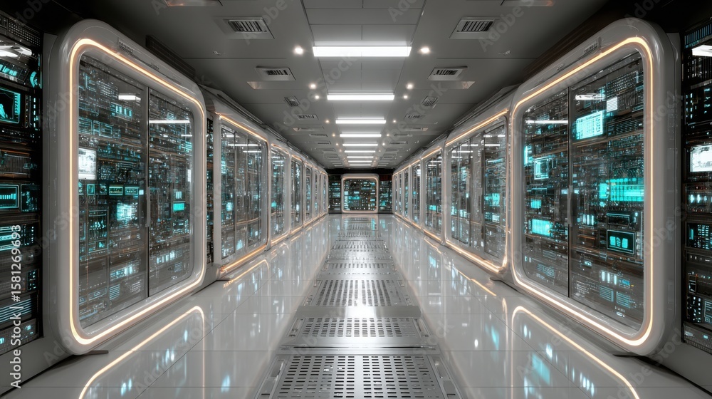 Poster brightly lit corridor lined with advanced server units featuring glowing interfaces. the atmosphere 