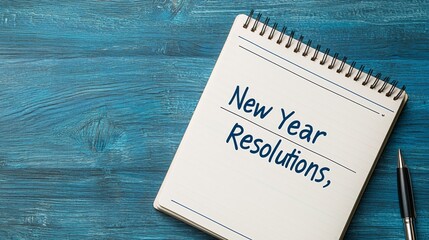 Notebook lists new year resolutions on blue wooden table