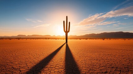 Lone cactus casts long shadow across cracked desert floor at sunset