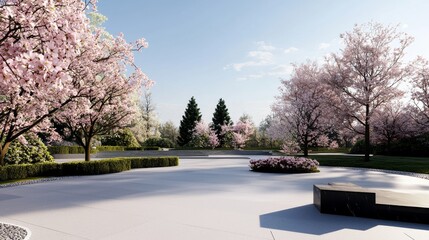 Spring garden with blooming cherry trees and modern seating
