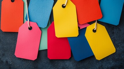 Many colorful blank tags scattered on a dark surface