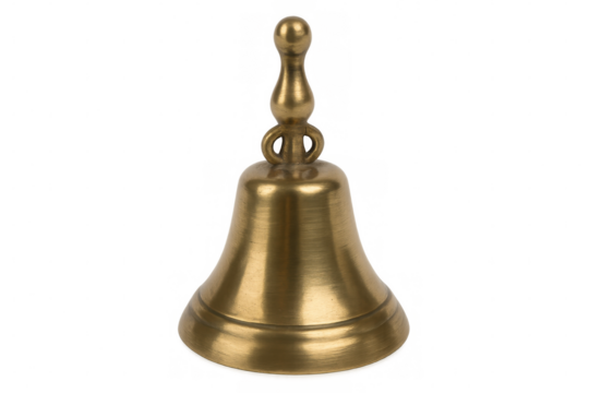 Polished brass handbell ringing against transparent background, showcasing elegant traditional craftsmanship for design professionals