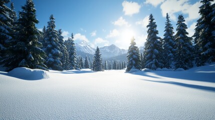 Snow covered evergreen trees in a mountain landscape under bright sunlight.