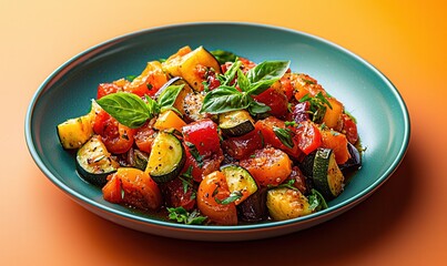 Savoring the vibrant flavors of ratatouille on a teal plate