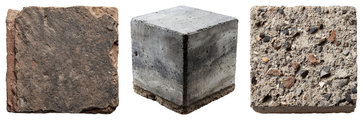Closeup of textured stone and concrete blocks with earthy tones and rough surfaces, showcasing natural and industrial materials for construction or design isolated transparent png