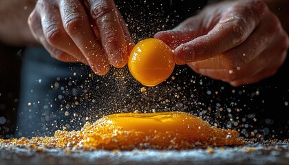 Fototapeta premium Closeup Of Hands Separating A Bright Golden Egg Yolk From The White Against A Dark Background