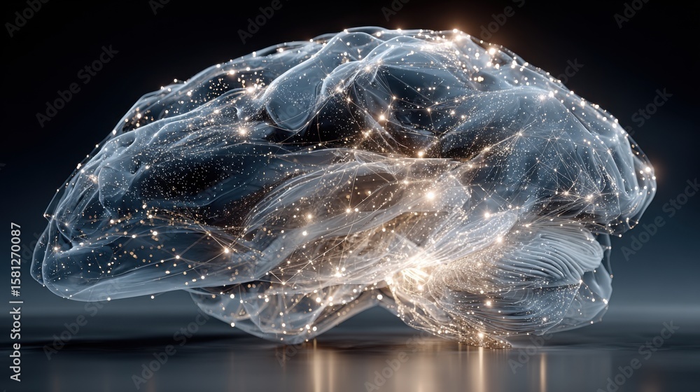 Poster a stunning visual of a brain design created with luminous lines and particles. this digital artwork 
