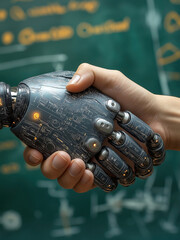 A handshake between a human and a digital humanoid AI robot agent, symbolizing agentic artificial intelligence, cyber technology, autonomy, and the evolution of human and machine automation