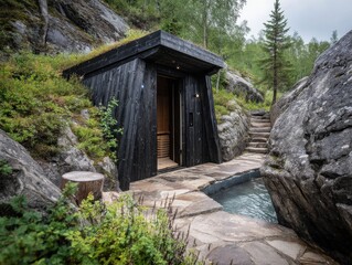 Secluded sauna nestled in a rocky landscape. Dark wood contrasts with natural stone and lush greenery.