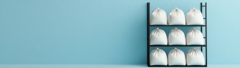 Nine white bags on a black shelf against a textured blue wall